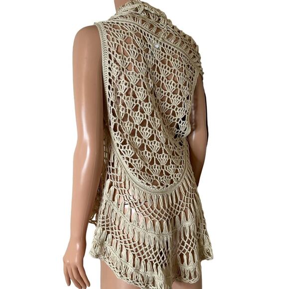 Sioni mesh crochet beige tan open front waterfall front SZ SM Swimsuit cover up - Picture 2 of 9